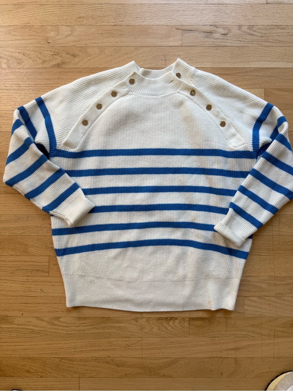 Like New: Kiani Cream & Blue Striped Button-Shoulder Sweater, sz. M